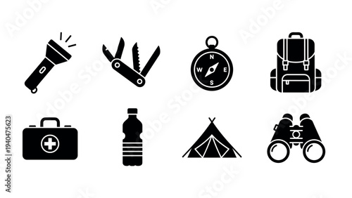 Essential camping gear icons set: silhouette collection of outdoor exploration tools