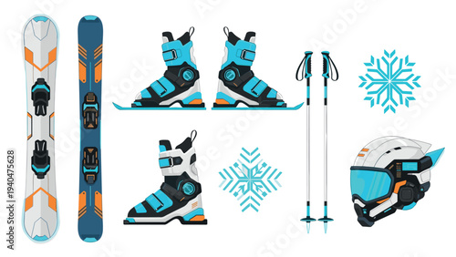 Winter sports gear with snowboard, boots, and helmet in modern flat design
