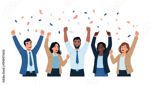 Diverse team celebrating success with raised hands and confetti