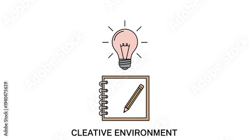 Creative workspace concept with light bulb and notepad icons
