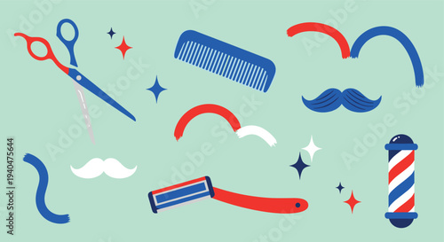 A collection of barber shop icons and symbols in a playful flat design style with a light blue background and sparkling accents