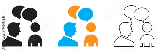 Two people Communication Chat Icons Set in Three Styles.  Two people with speech bubbles showing conversation, dialogue, and communication in solid, colored, and outline icon styles.