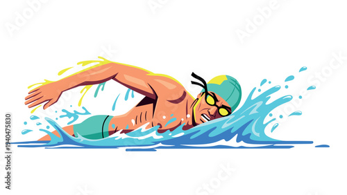 Dynamic swimming action with splashing water in colorful style