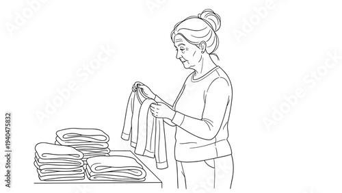 Elderly woman folding laundry: domestic chore in line art style