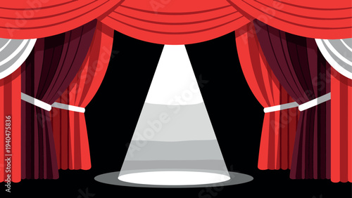 Dramatic theater stage with red curtains and spotlight in a classic performance setting