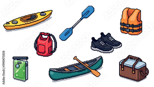 Pixel art outdoor adventure gear: canoe, kayak, life jacket, and more