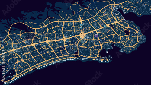 Detailed night city map with glowing streets and landmarks