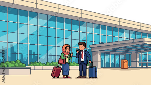 Business travelers in conversation outside a modern airport terminal in pixel art style