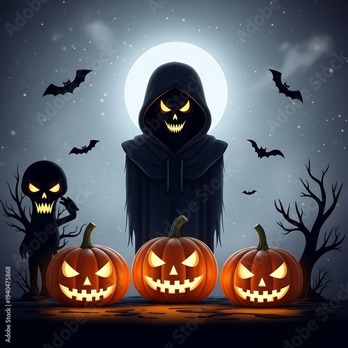 Halloween Pumpkins with Grim Reaper Character.