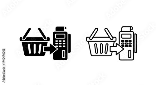 Shopping cart and pos terminal icon: black silhouette and arrow