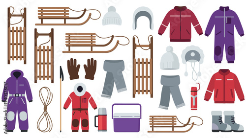 Winter outdoor gear collection: sleds, snowsuits, hats, and gloves in flat design