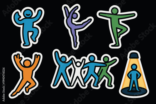 Colorful dancing figures with sticker style on black background