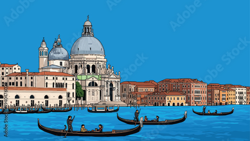 Colorful venice canal with gondolas and historic architecture in pop art style