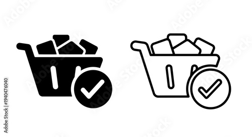 Shopping cart full icon with checkmark: black silhouette and outline