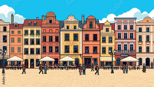 Colorful cityscape with charming historic buildings and lively street scene