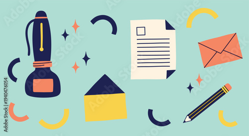 Creative writing and communication elements on a light blue background with decorative shapes and sparkles