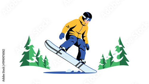 Dynamic snowboarder performing trick amidst winter pines