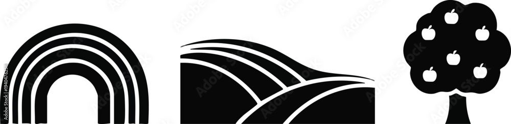 Fototapeta premium Rural Landscape Silhouette Set: Four-Band Rainbow, Rolling Hills with Bushes, and Apple Tree Icons