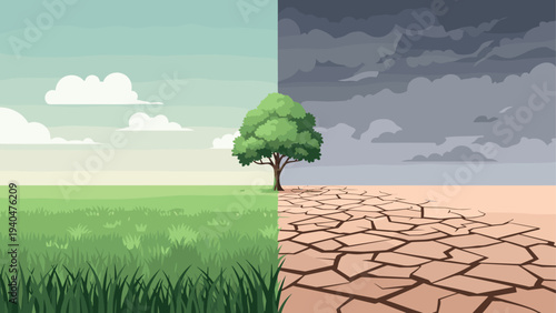 Bipolar nature landscape: lush green vs. dry cracked earth divided by tree