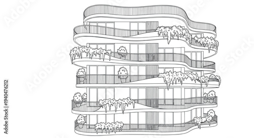 Modern architectural building with wavy terraces and greenery accents