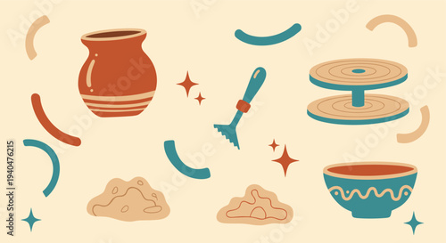 Charming pottery crafting elements and tools arranged in a whimsical flat lay composition on a neutral background