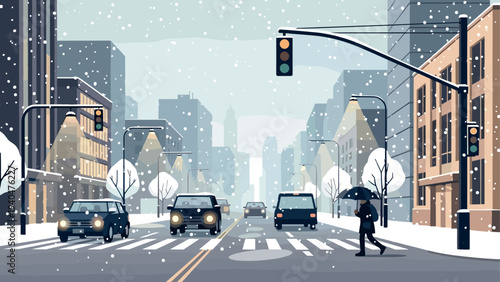 Snowy urban scene with cars and pedestrian at city intersection in winter