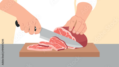 Slicing meat on cutting board with chef's knife in flat design