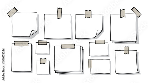 Hand drawn sticky notes collection with tape in doodle style for creative design projects