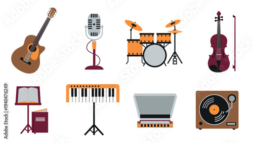 Colorful musical instruments collection: guitar, drums, violin, microphone, and more