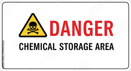A warning sign with a skull and crossbones indicates danger in a chemical storage area indoors.