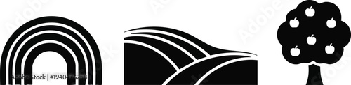 Rural Landscape Silhouette Set: Four-Band Rainbow, Rolling Hills with Bushes, and Apple Tree Icons