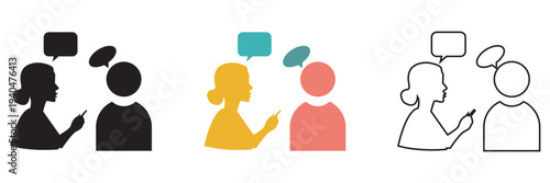 Two people Communication Chat Icons Set in Three Styles.  Two people with speech bubbles showing conversation, dialogue, and communication in solid, colored, and outline icon styles.