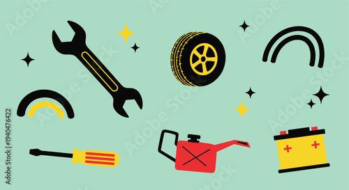 Automotive repair tools and car parts set on a light green background with sparkling elements