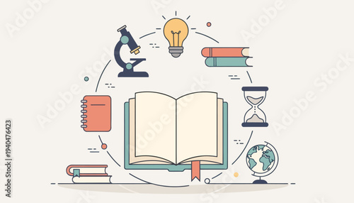 An open book surrounded by educational icons, including a microscope, lightbulb, and globe, symbolizing learning and discovery from a top-down viewpoint.