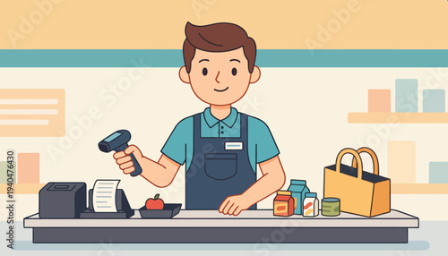 A young male shop assistant scanning a product at the checkout counter in a modern retail store
