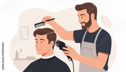 A barber in a shop trims a man's hair with a comb and clippers from a close-up viewpoint.