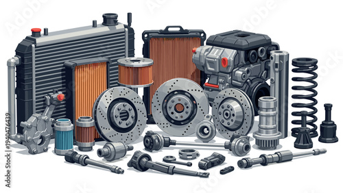 Comprehensive collection of automotive engine components in detailed isometric style