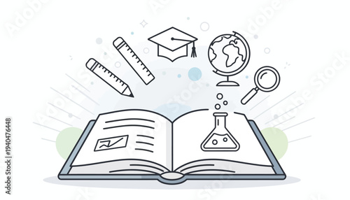 An open book surrounded by educational elements like pencil, ruler, and beaker, symbolizing learning and discovery in a simple line art style from a straightforward viewpoint