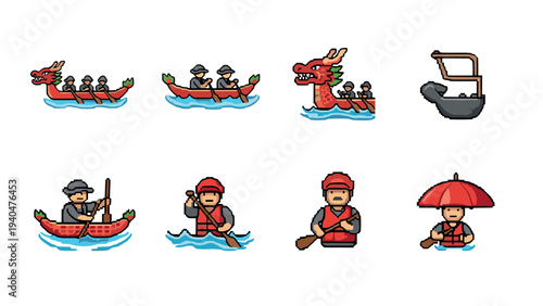 Pixel art dragon boat race collection with paddlers and traditional elements