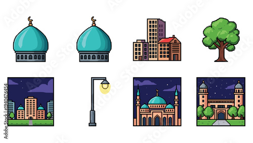 Pixel art urban and cultural icons with mosque, buildings, and tree