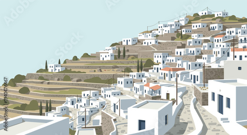 Picturesque mediterranean village on hillside with traditional white architecture