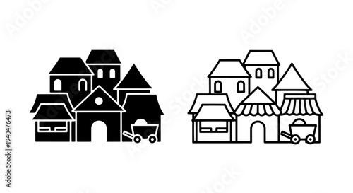 Village houses icon with cart, community and commerce
