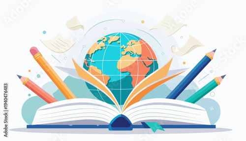 An open book with a globe and stationery surrounding it, symbolizing education and global knowledge
