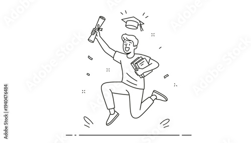 A young man jumping in the air, holding a certificate and a trophy, celebrating his academic achievement with joy and excitement in a simple line art style.