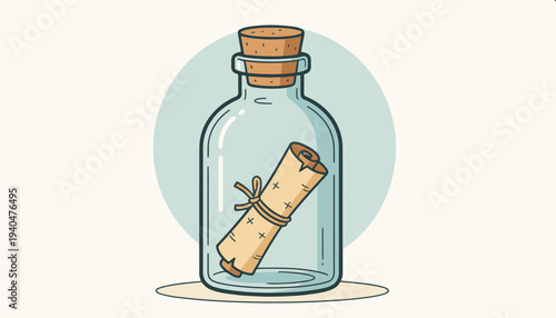 A rolled letter tied with string inside a glass bottle with a cork stopper on a plain surface