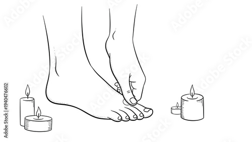Relaxing pedicure: hand drawing of feet with candles for spa and wellness