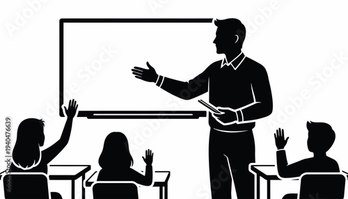 Illustration of a teacher explaining to students in a classroom setting with a whiteboard