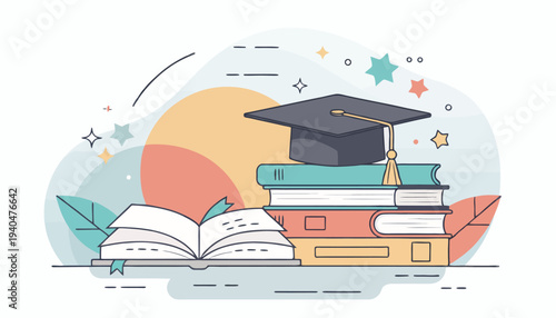 Graduation ceremony illustration featuring stacked books and a graduation cap on top, symbolizing academic achievement and educational success