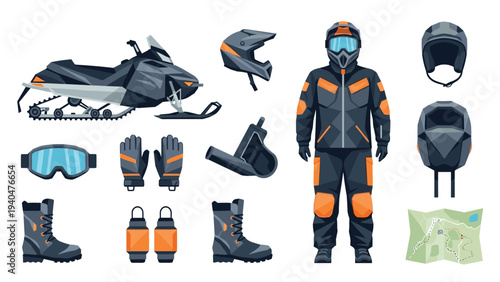 Winter sports equipment with snowmobile and gear in flat design