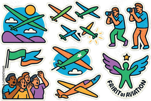 Colorful cartoon aviation stickers with airplanes and enthusiasts